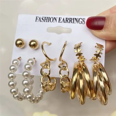 Vintage Pearl Alloy Hoop Earring Set